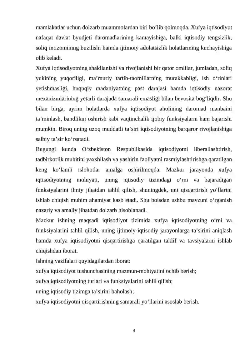 Iqtisodiyot tizimda xufya iqtisodiyotning o’rni va funktsiyalari mavzusida kurs ishi 4