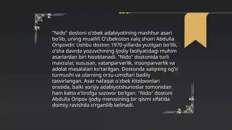 Nido dostoni, Erkin Vohidov 4