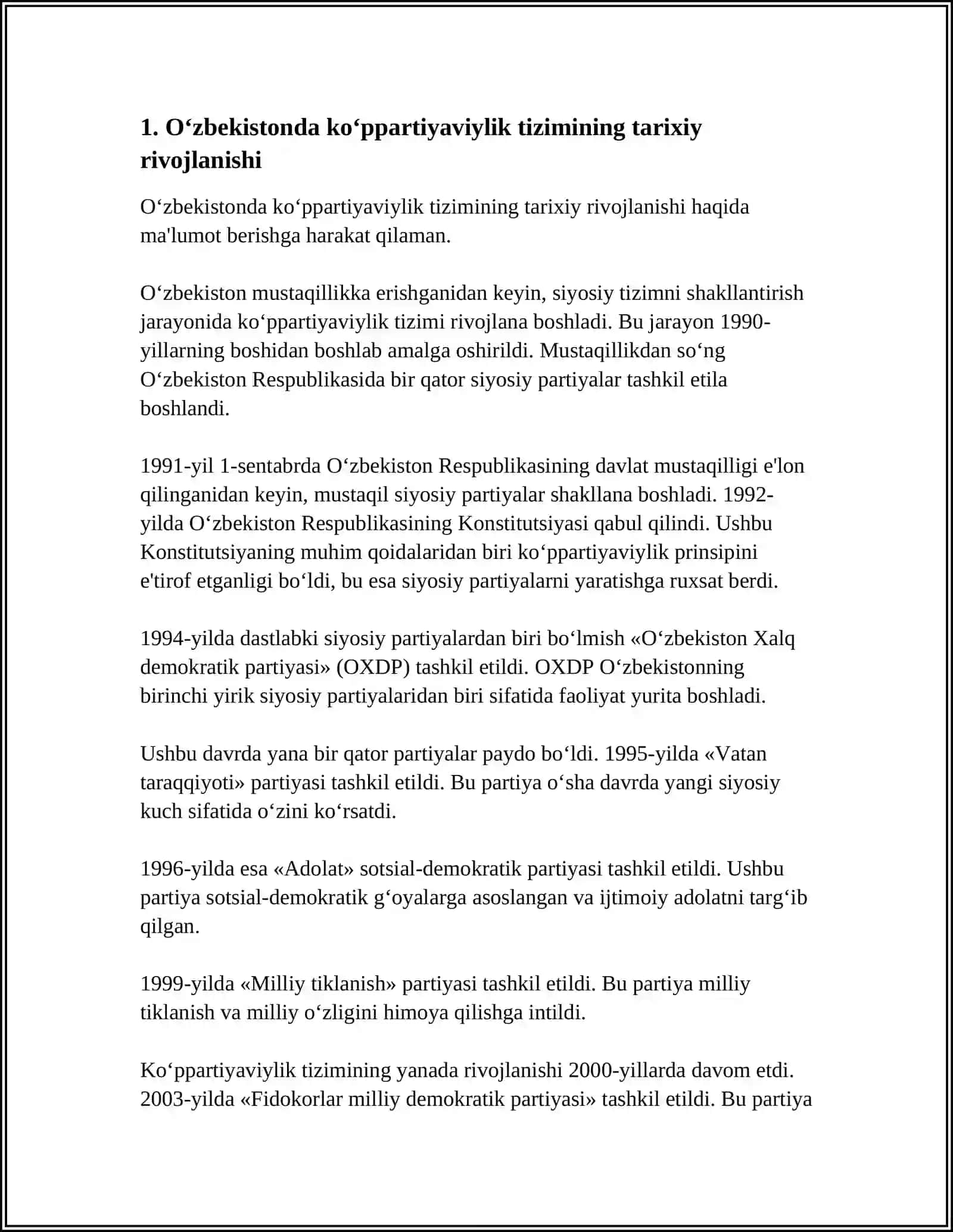 O‘zbekistonda ko‘ppartiyaviylik tizimining shakllanishi va uning ahamiyati, siyosiy partiyalar faoliyatidagi xususiyatlar 4