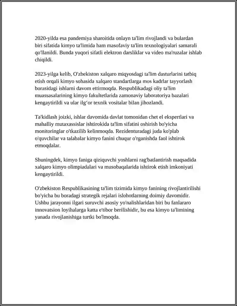 MUSTAQILLIK YILLARIDA VA HOZIRGI KUNDA KIMYO FANINI O'RGANISH VA RIVOJLANISH TENDEKSIYALARI (HOLATI) 4