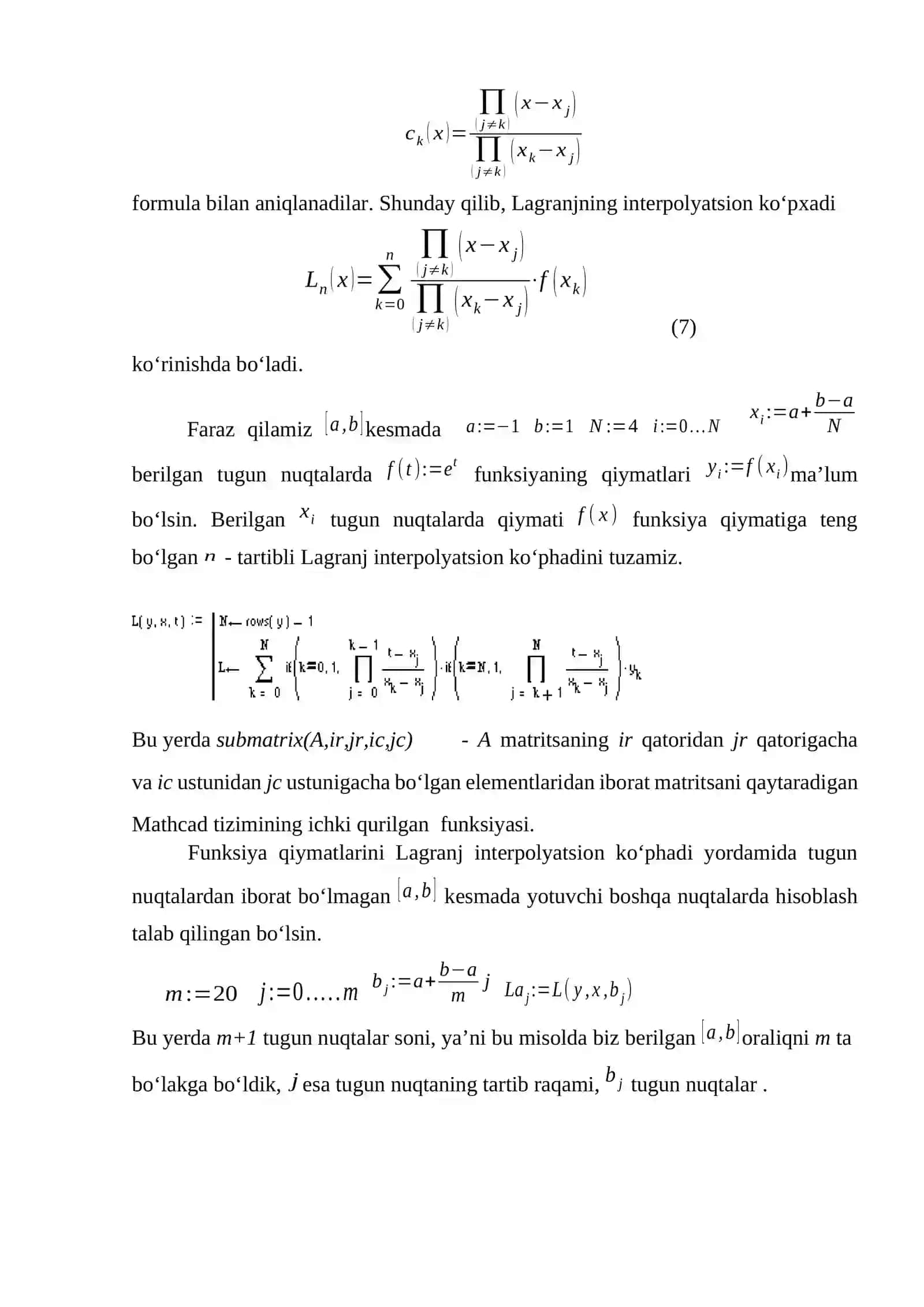 MATHCAD FUNKSIYALARNI YAQINLASHTIRISH MASALASI 4