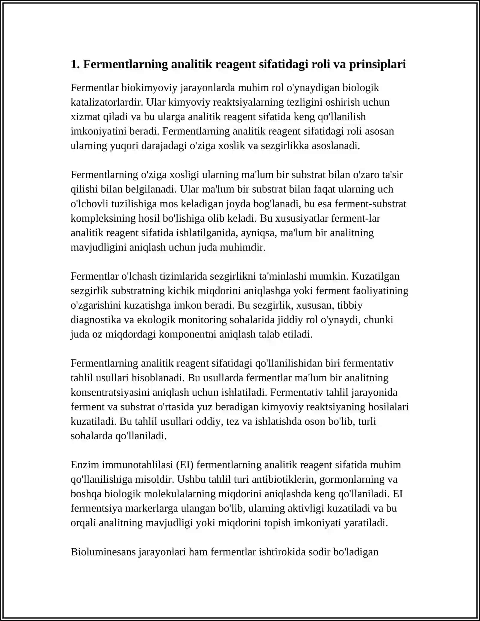 FERMENTLAR ANALITIK REAGENTLAR SIFATIDA.IMMOBILLANGAN FERMENTLAR, OLINISHI VA QO’LLANILISHI 4