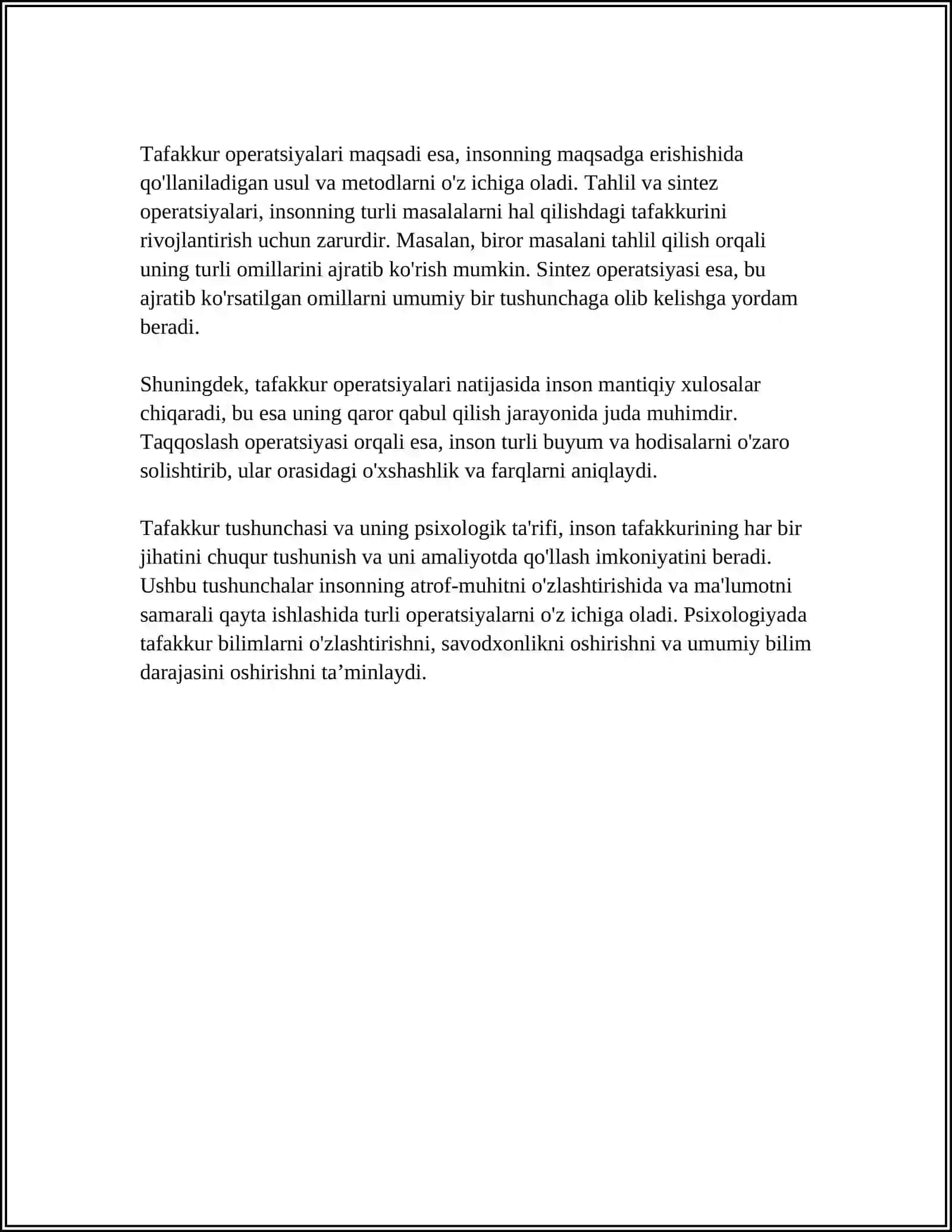 TAFAKKUR BORASIDAGI PSIXOLOGIK NAZARYALARI. TAFAKKUR OPERATSIYALARI MAQSAD 4
