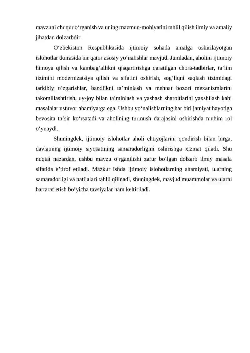 O'zbekiston respublikasi ijtimoiy sohada amalga oshirilayotgan islohotlarning mazmun va mohiyati 4