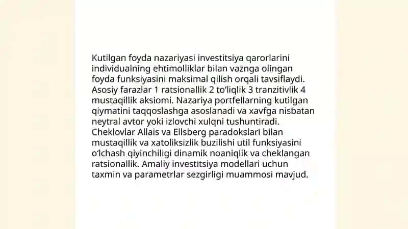 Moliyaviy hatarlar va noaniqlik sharoitida investitsiya qarorlarini qabul qilishning modellari 4
