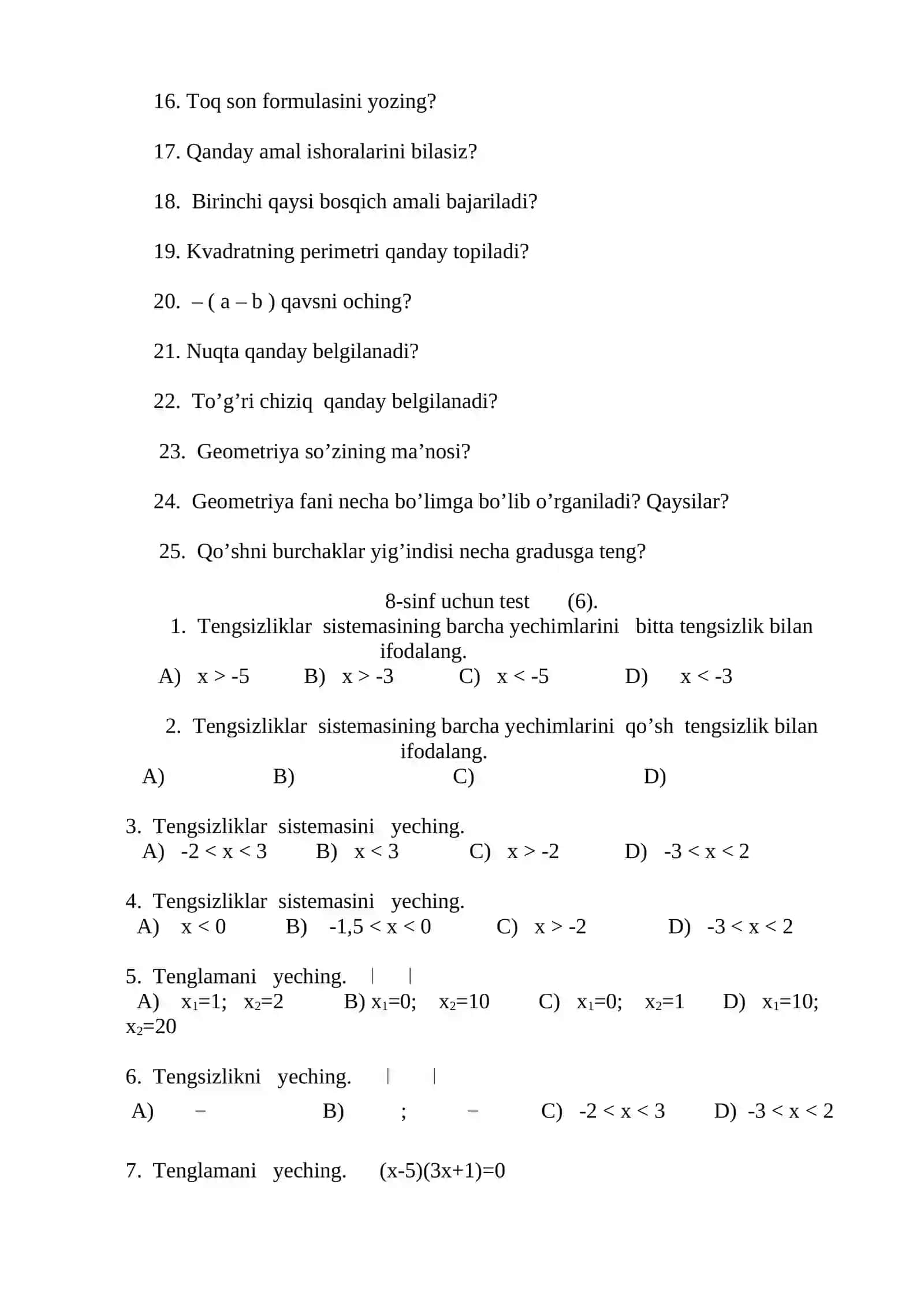 7 - sinf uchun matematika fanidan ochiq testlar 4