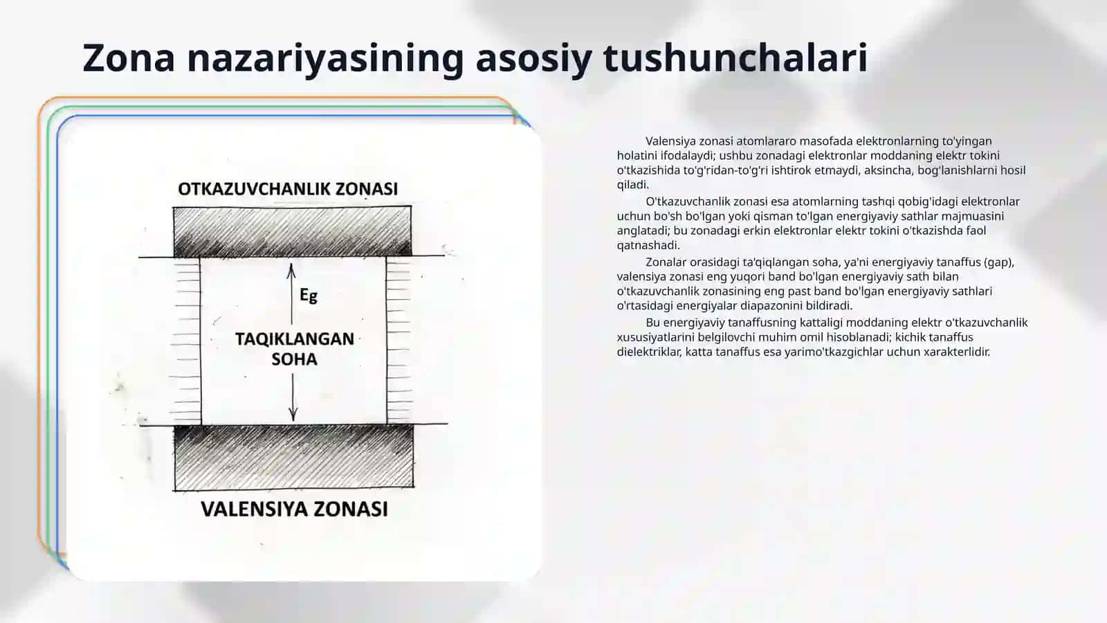 O'tkazgich, yarimo'tkazgich va dielektriklar: Zona nazariyasi nuqtai nazaridan tafovut. 4