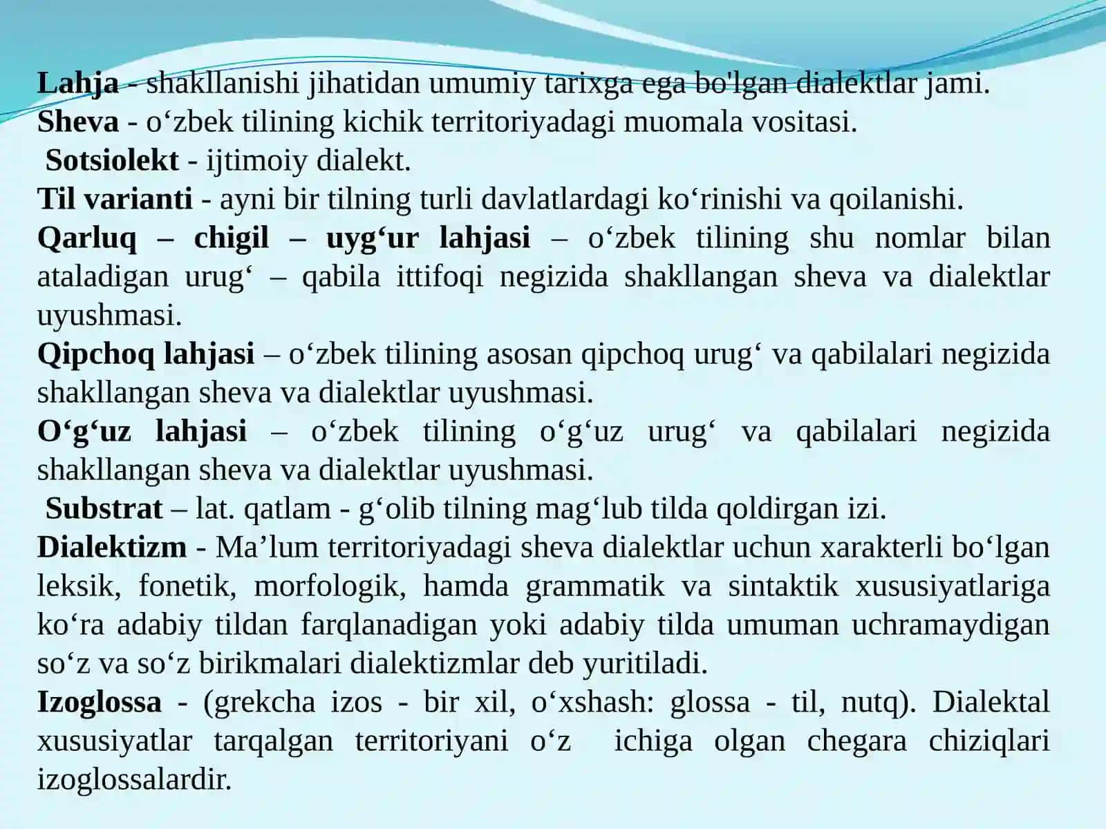 O‘zbek shevalarining grammatik xususiyatlari. Shevalarning morfologiyasi va sintaksisi. O‘zbek shevalari lug‘atchiligi. Dialektal lug‘atchilik tairixi. O‘zbek tili lahjalari 4