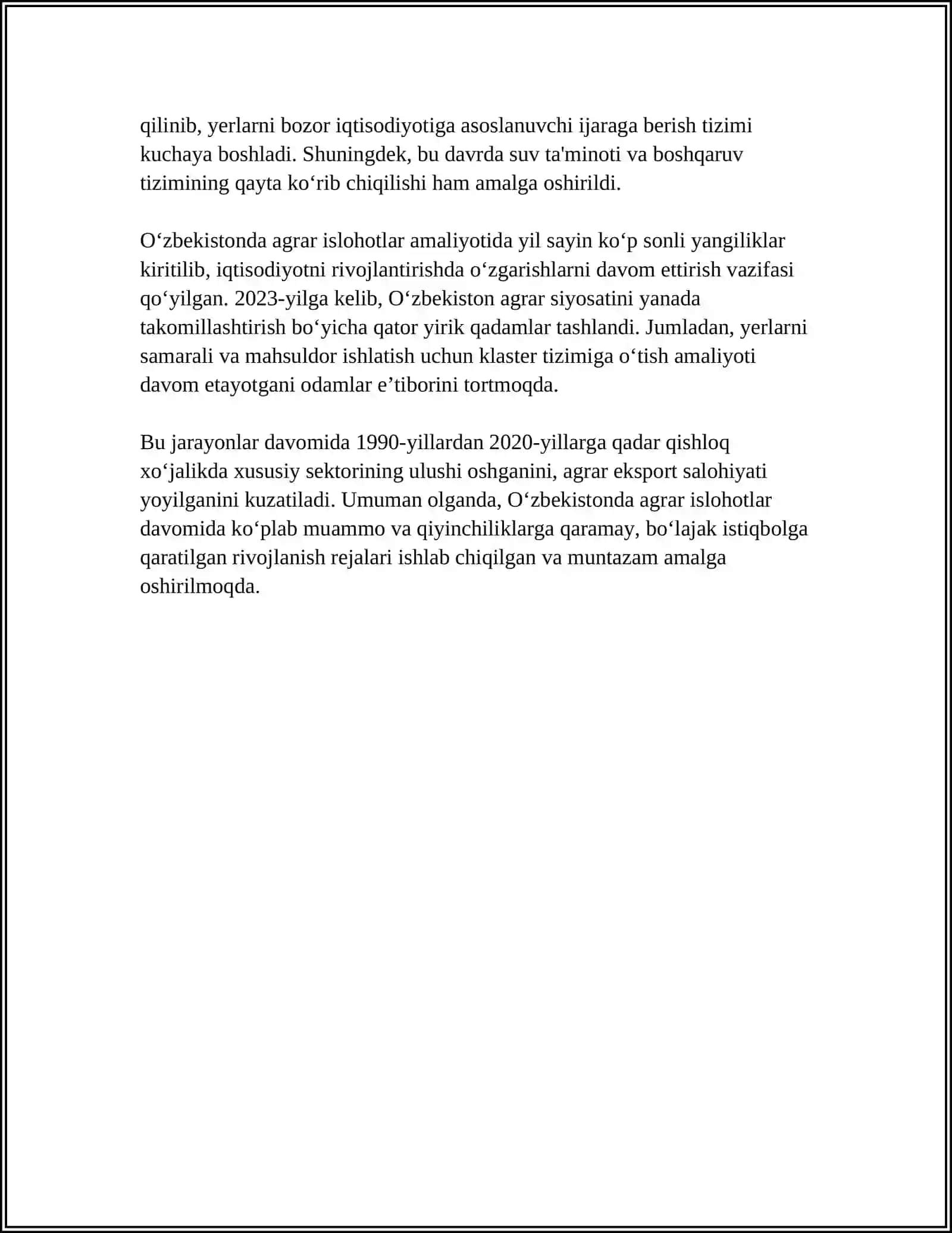 MUSTAQIL ISH Mavzu: OZBEKISTONDAGI AGRAR ISLOHOTLAR, YANGI AGRAR XOJALIKLARNING VUJUDGA KELISHI VA ULARNING AFZALLIKLARI 4