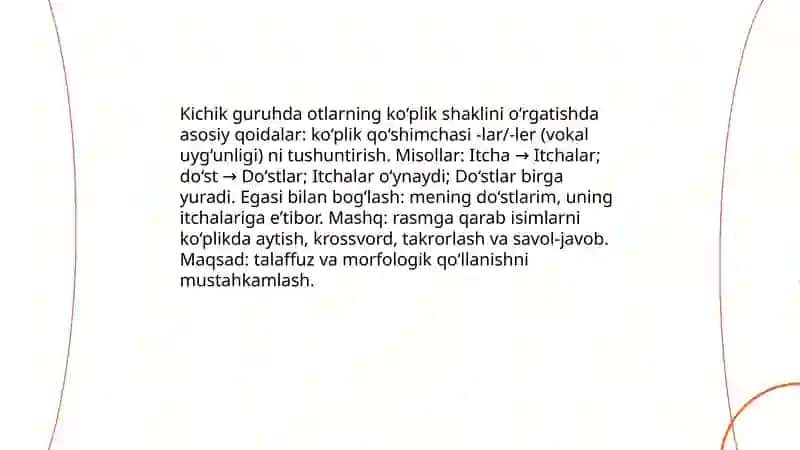 Kichik guruhda bolalar nutqini gramatik izohlanishini shakillantirish. Itcha va uning do'stlari mavzusida yoritish 4
