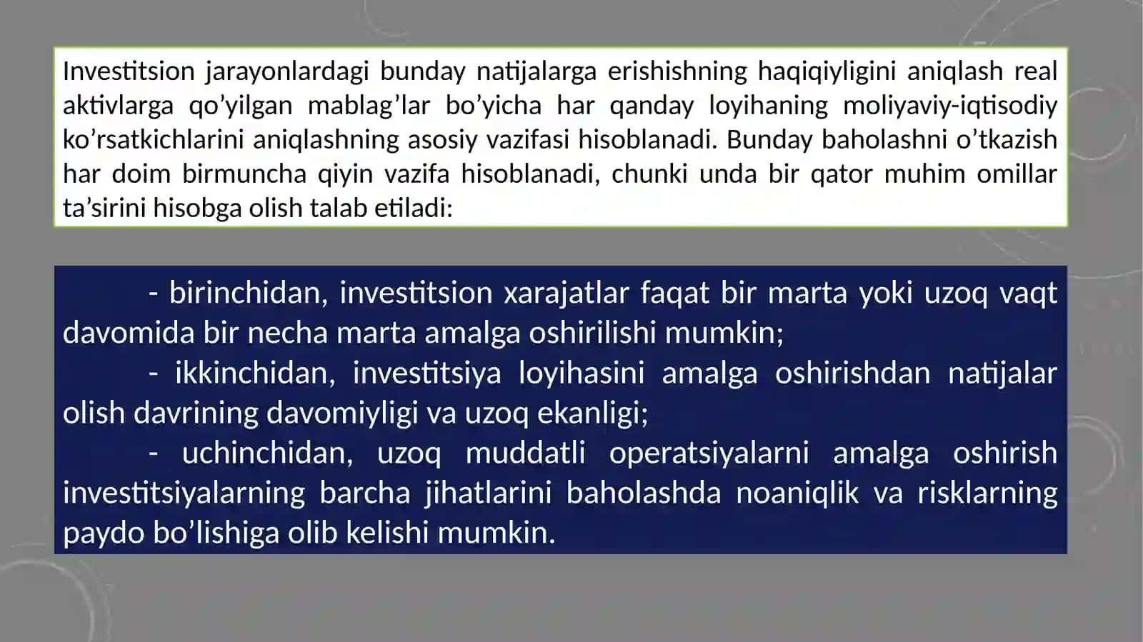 Korxonalar investitsion loyihalarining samaradorlik koʻrsatkichlari va uning taxlili 4