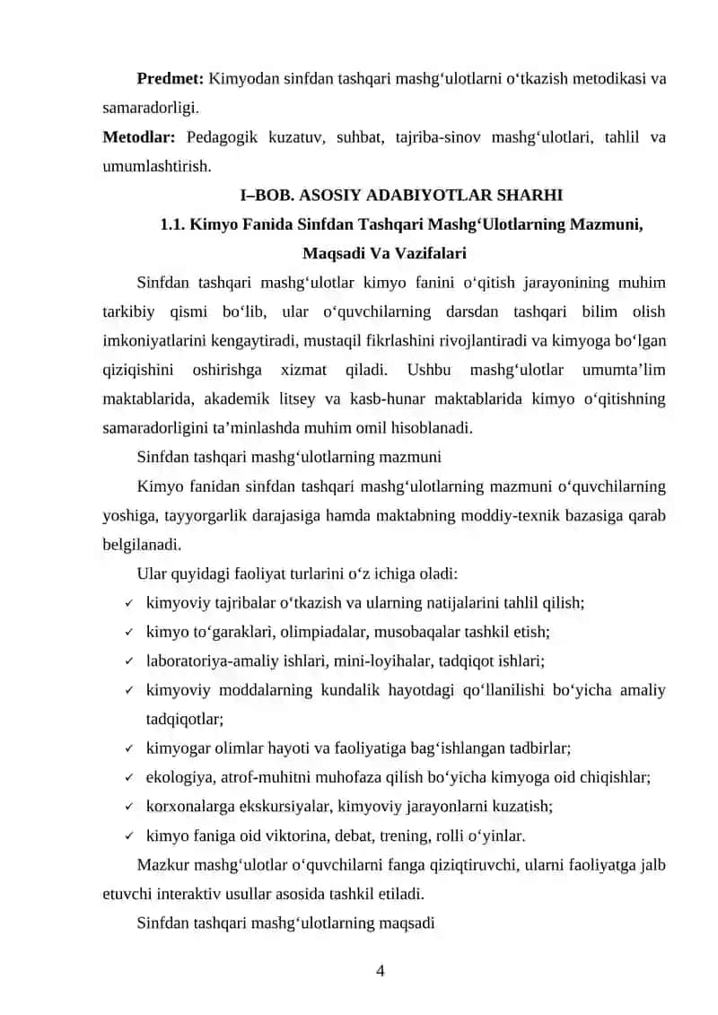 Kimyodan sinfdan tashqari mashg‘ulotlar sistemasi va o‘tkazish metodikasikimyo 4