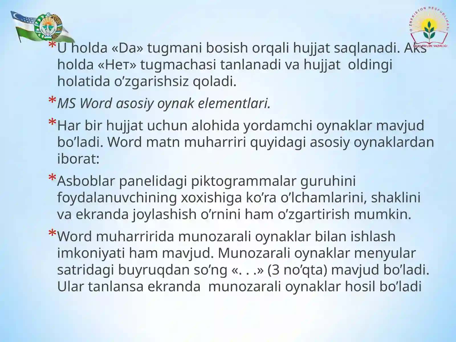 MS Word muharriri, uning oynalari, menyulari, chizg’ichlari va ish sohasi haqida ma’lumot 4