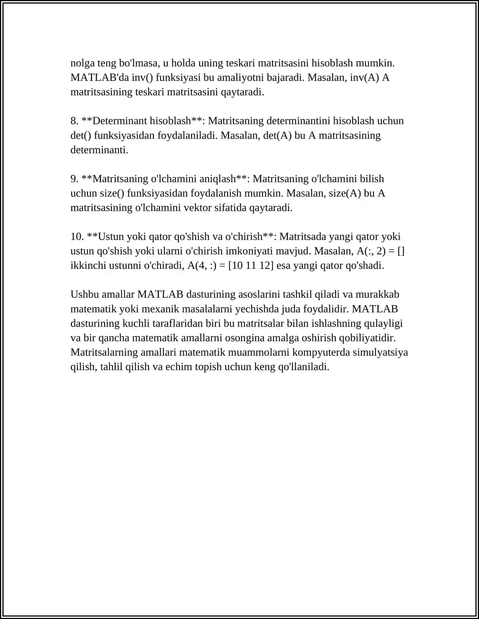 MUSTAQIL ISH Mavzu: MATLAB DASTURIY MATEMATIK MASALALAR YECHISH 4