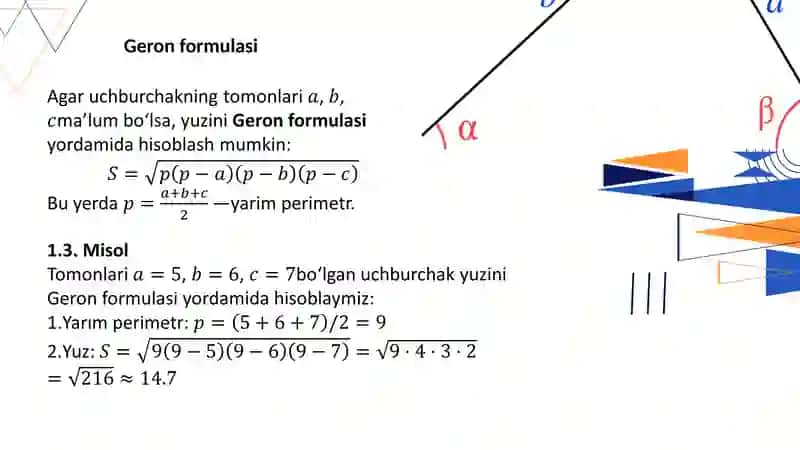 “Uchburchakning yuzini hisoblash usullari” 4