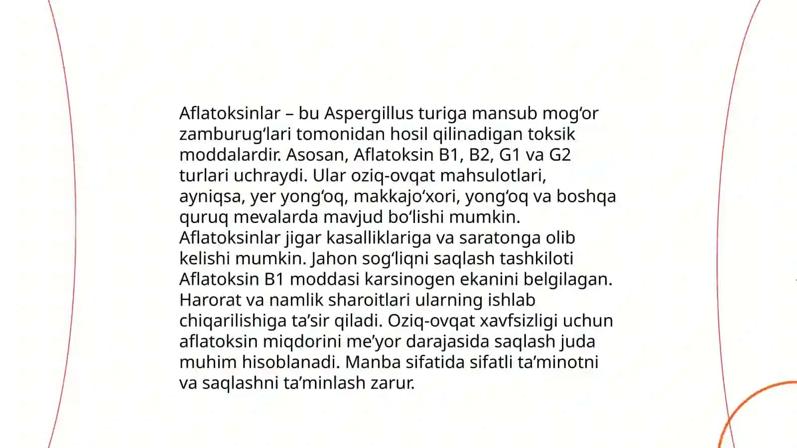 Mikotoksinlar (aflotoksin B), deoksinivalenol (vomitoksin), zearalenon, T-2, toksin, patulin-ularning oziq-ovqat xom ashyosida, o'simlik manbalarida, aflatoksin M, sut va sut mahsulotlarida tartibga solinishi 4