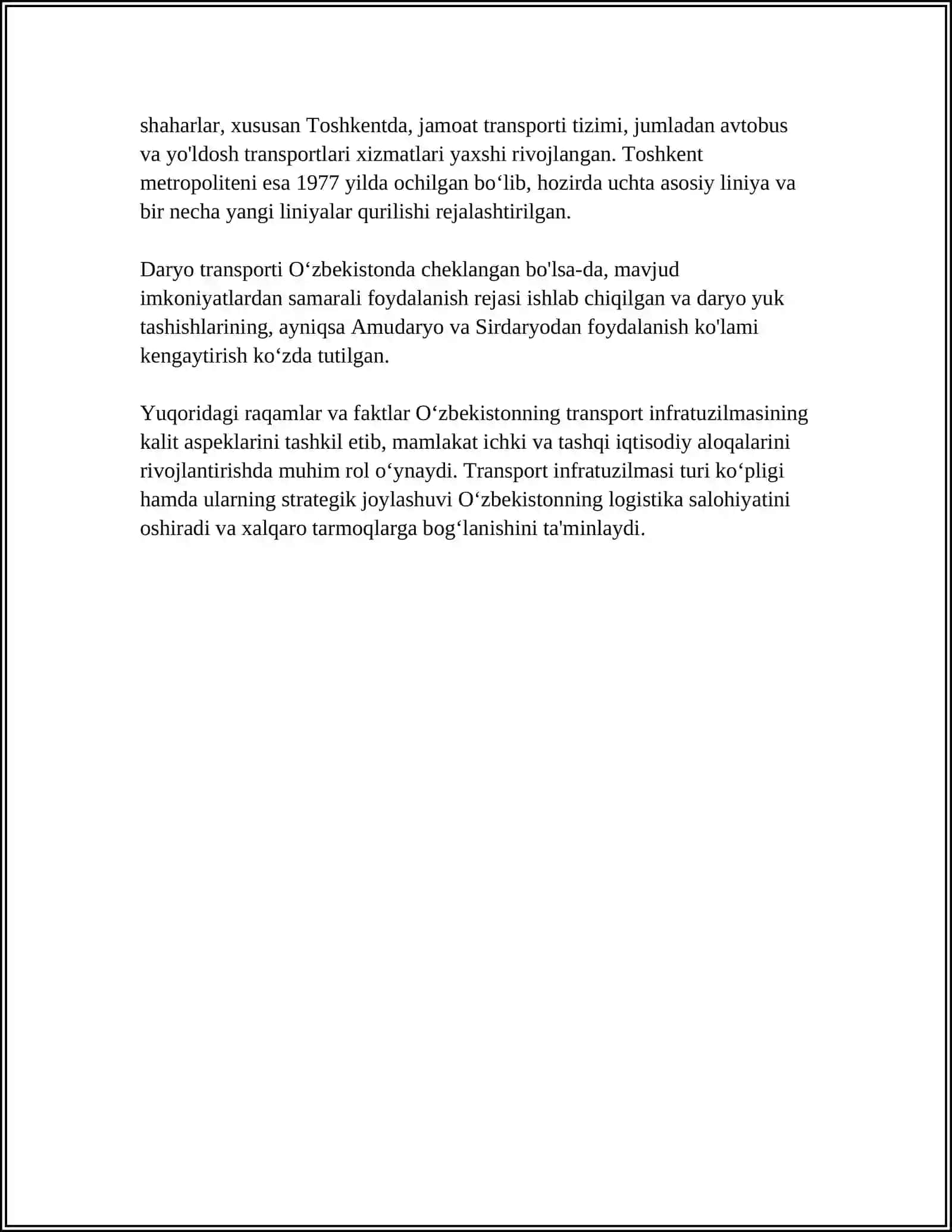 TRANSPORT VA PIYODALAR OQIMLARINI SWOT TAHLILINI QILIB BERNG 4