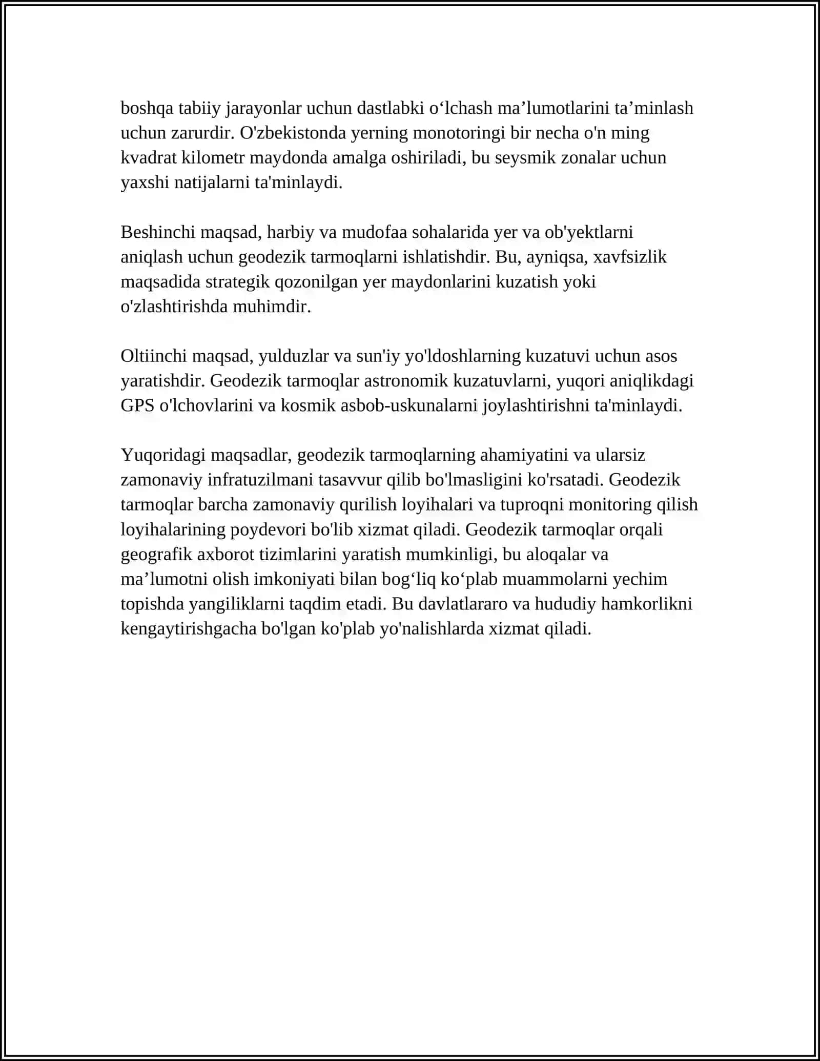 MUSTAQIL ISH Mavzu: DAVLAT GEODEZIK TO‘RINI BARPO ETISHNING ZICHLIGI 4