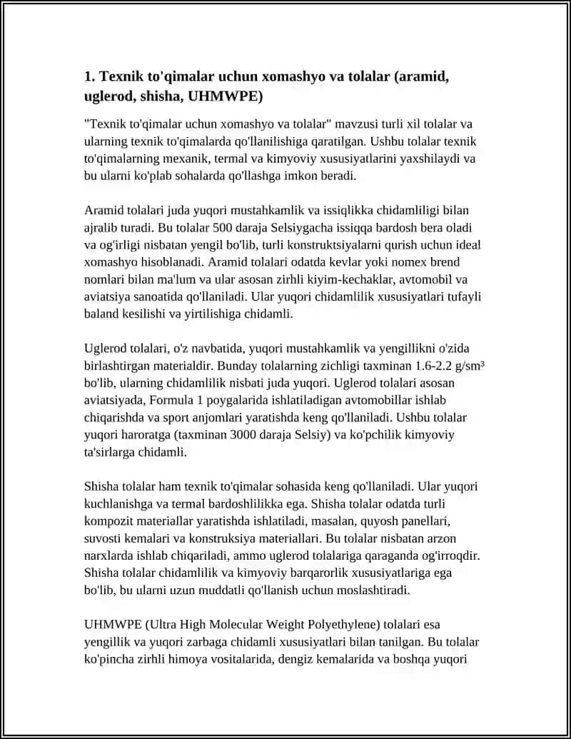 TEXNIK TO'QIMALAR ISHLAB CHIQARISH TEXNIKA VA TEXNOLOGIYASI 4