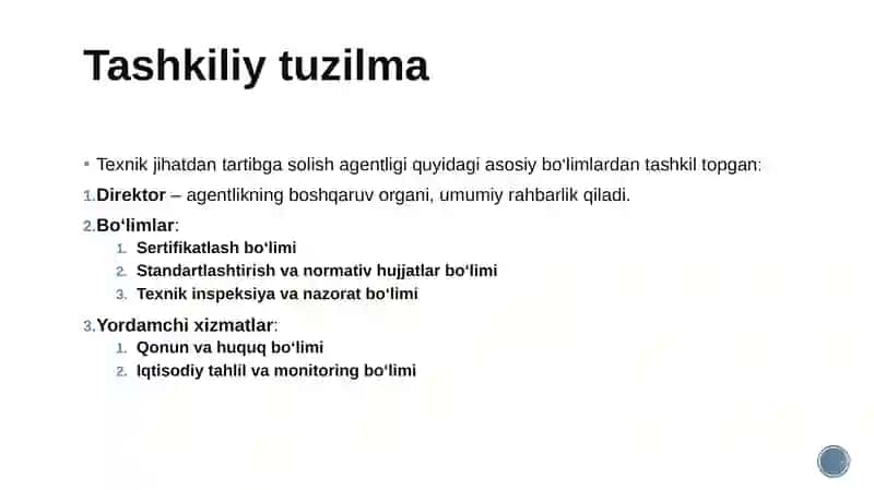 O‘zbekiston Respublikasining Texnik jihatdan tartibga solish agentligining tashkiliy tuzilmasi 4