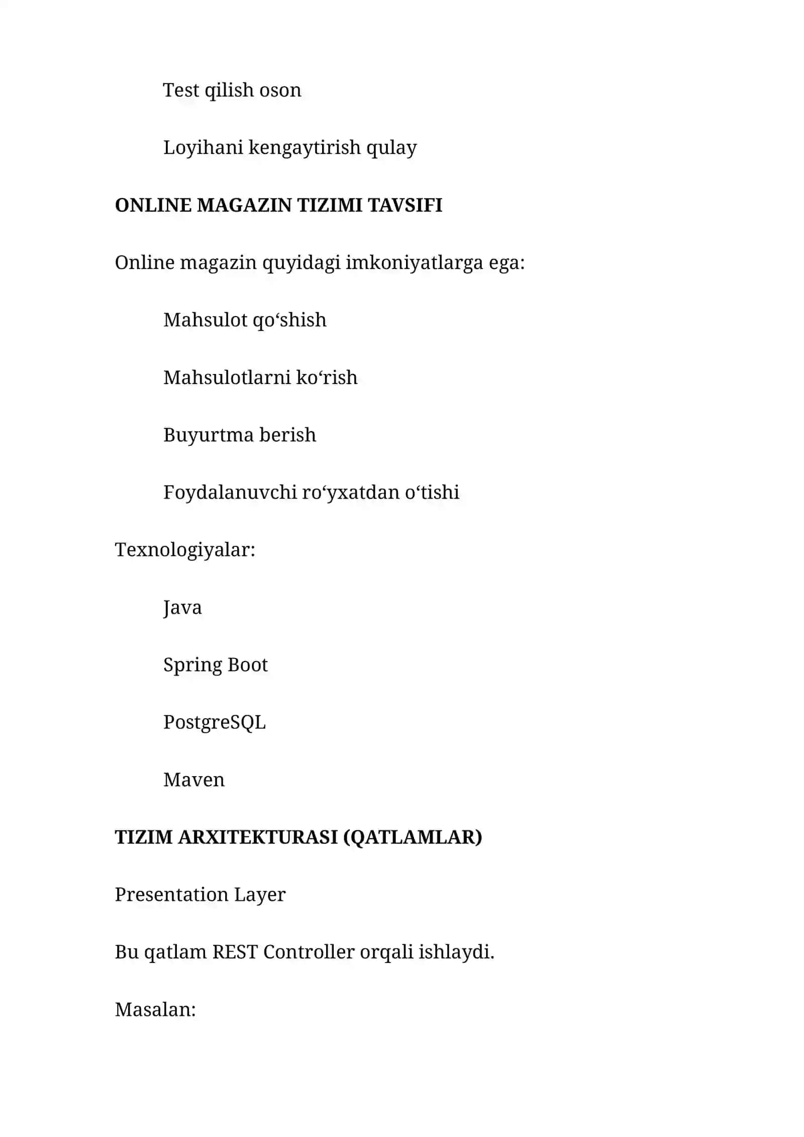 Online magazin tizimini Layered arxitektura asosida ishlab chiqish 4