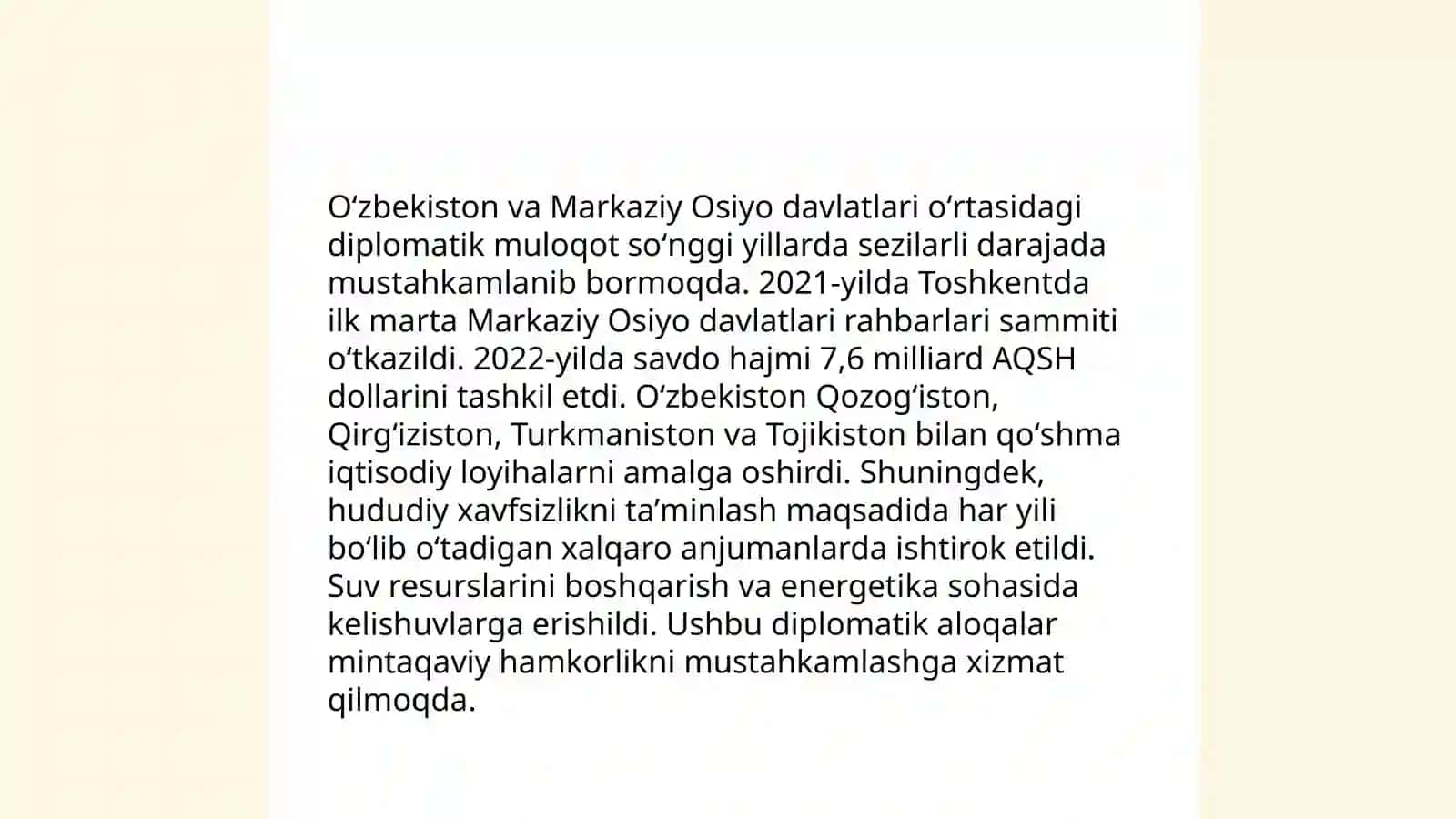 Oʻzbekistonning Markaziy Osiyoda tinchlik va barqarorlikni taʼminlashdagi oʻrni Berdiboyeva Muattar 4