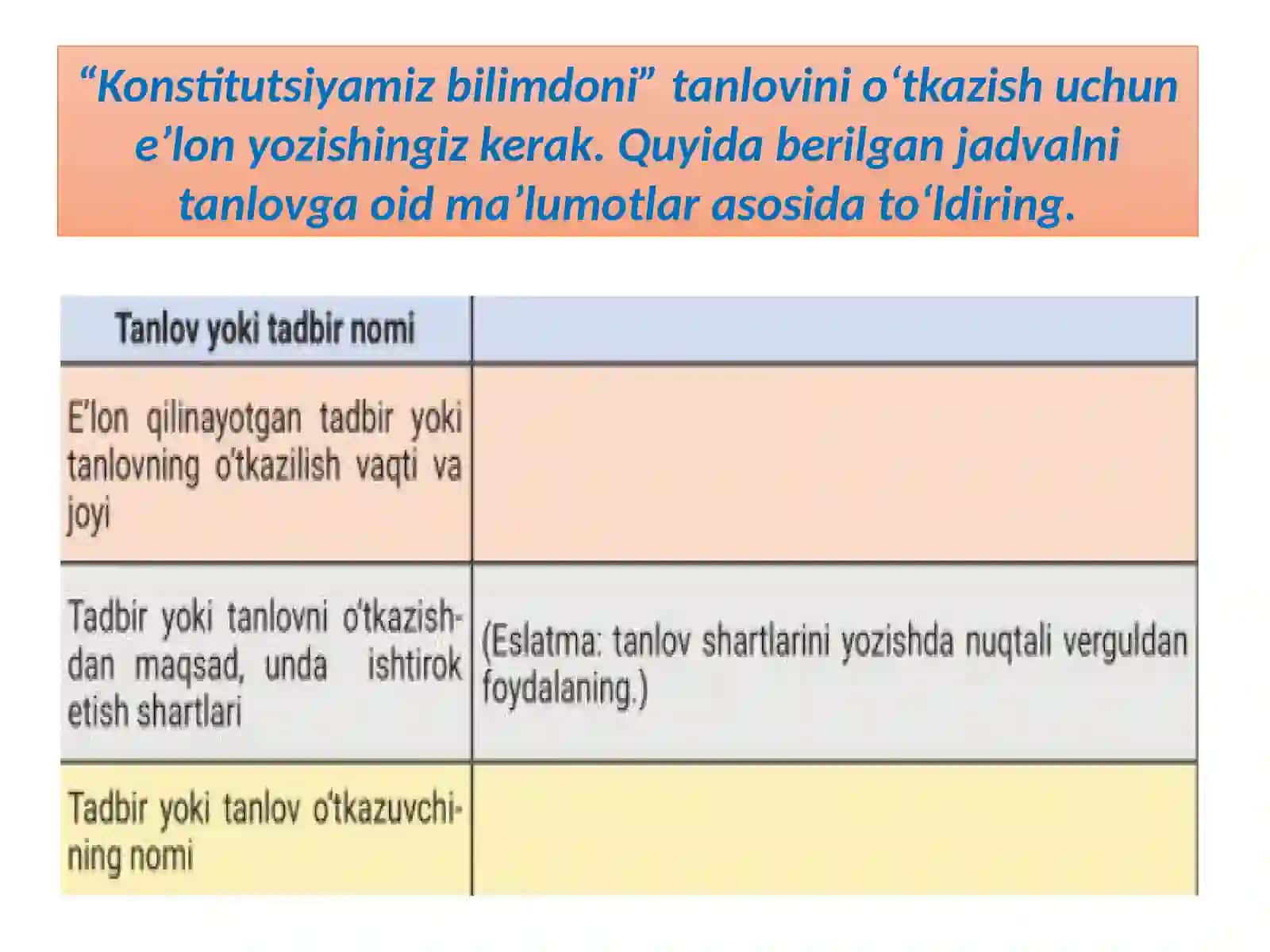 “Konstitutsiyamiz bilimdoni” tanlovini oʻtkazish uchun eʼlon yozish 4