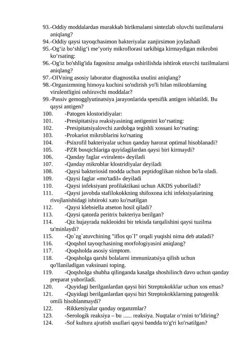 Mikrobiologiya va immunologiya fanidan test savollari 4