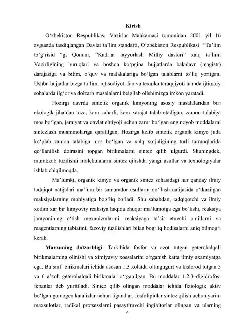 2-Xlor-4,7-dibenzo-1,2,3-diazofosfepanni olish va xossalarini o’rganish 4