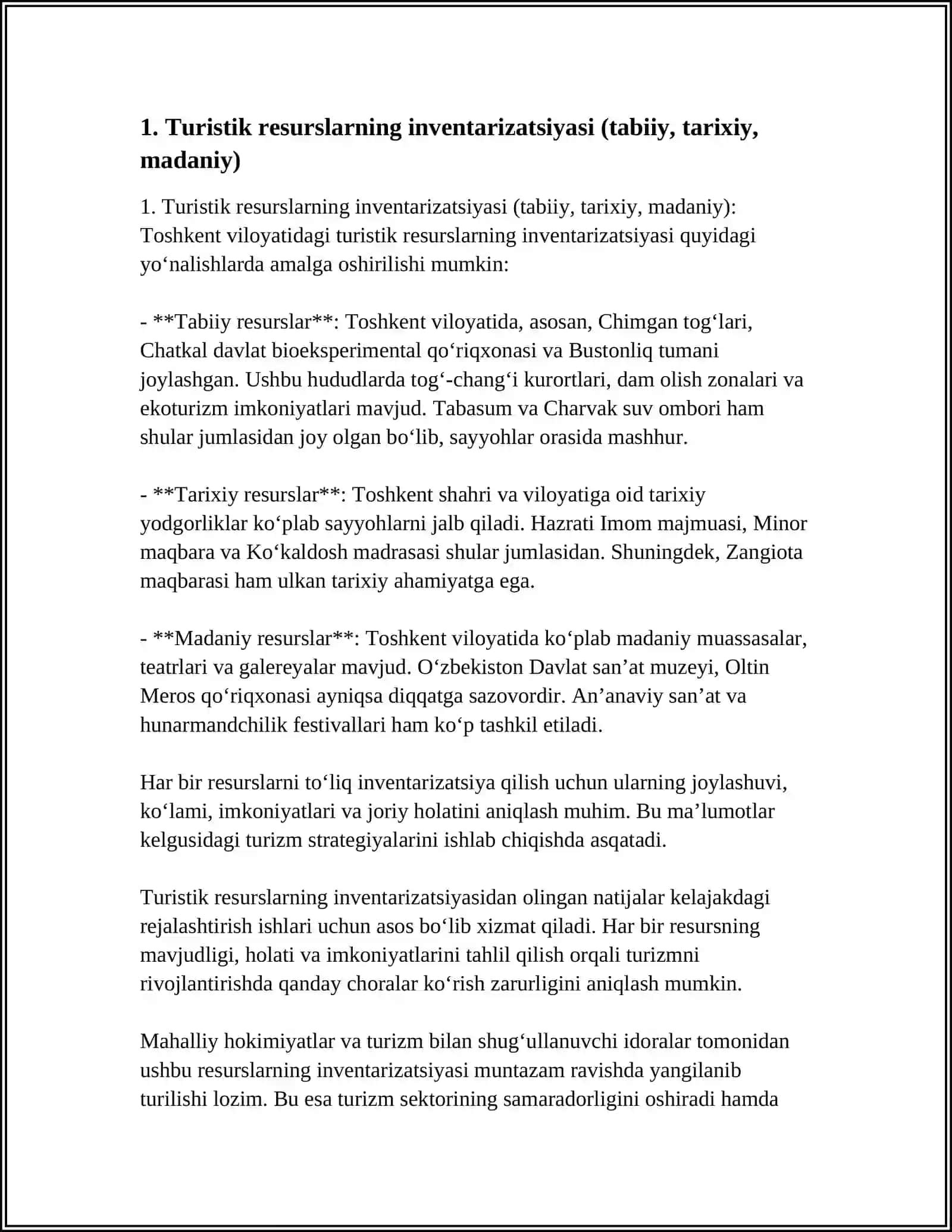 TOSHKENT VILOYATLARDA TURIZM IQTISODIYOTINI O‘RGANISHDA ASOSIY E’TIBOR BERILISHI KERAK BO‘LGAN YO‘NALISHLAR 4