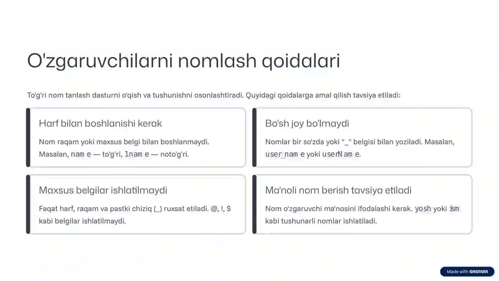O'zgaruvchilar bilan ishlash. Ma'lumot turlari 4