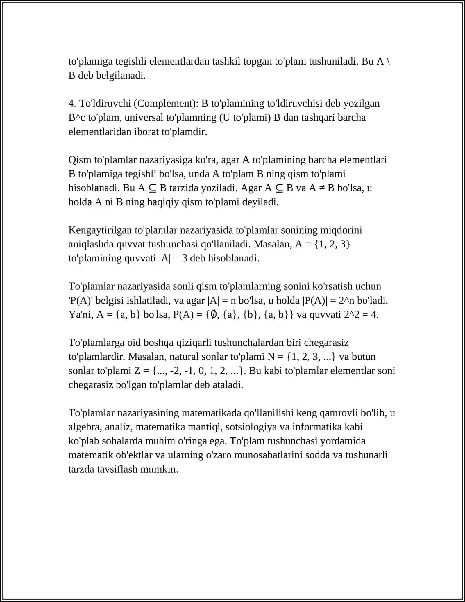 MUSTAQIL ISH Mavzu: TOʻPLAMLAR VA ULAR USTIDA AMALLAR 4