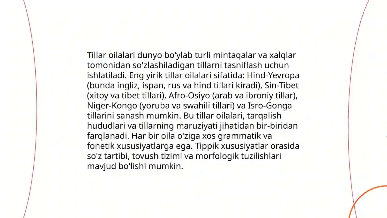 Til oilalari. Dunyo tillari. Tillar tasnifi. Tasnif turlari 4