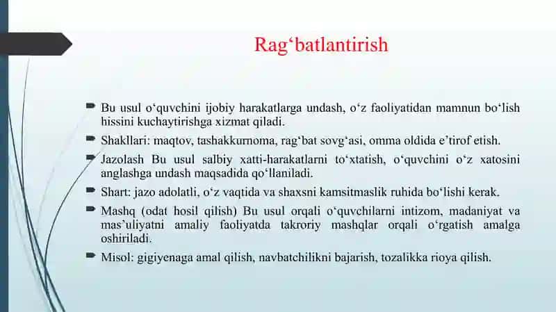 TARBIYAVIY ISHLAR JARAYONIDA QOʻLLANILADIGAN PEDAGOGIK TA’SIR ETISH USULLARI 4