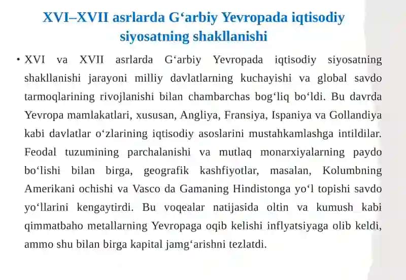 XVI-XVII asrlarda G‘arbiy Yevropaning xalqaro aloqalari iqtisodiy dasturi 4