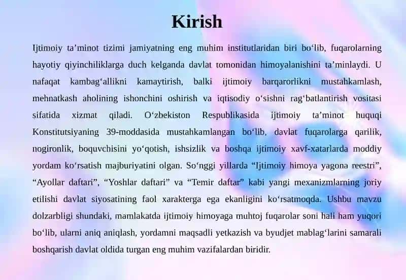 FUQAROLARNING IJTIMOIY TA’MINOT OLISH HUQUQI BO‘YICHA DAVLAT SIYOSATINING ASOSIY YO‘NALISHLARI 4