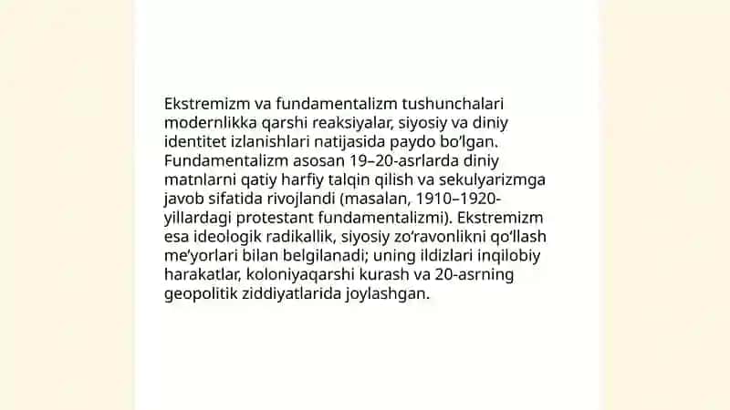 Diniy fanatizm ektrimizm fundamitalizm terrorizmning tarixi va ularning hozirgi davrda xavfsizlikka taqdidi 4