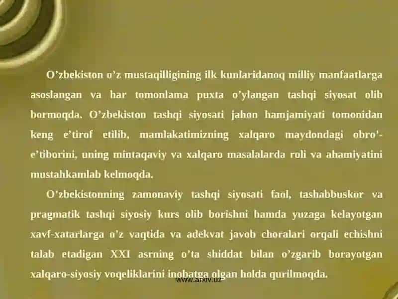 O’ZBEKISTON RESPUBLIKASI TASHQI SIYOSATINING MAQSAD VA VAZIFALARI 4