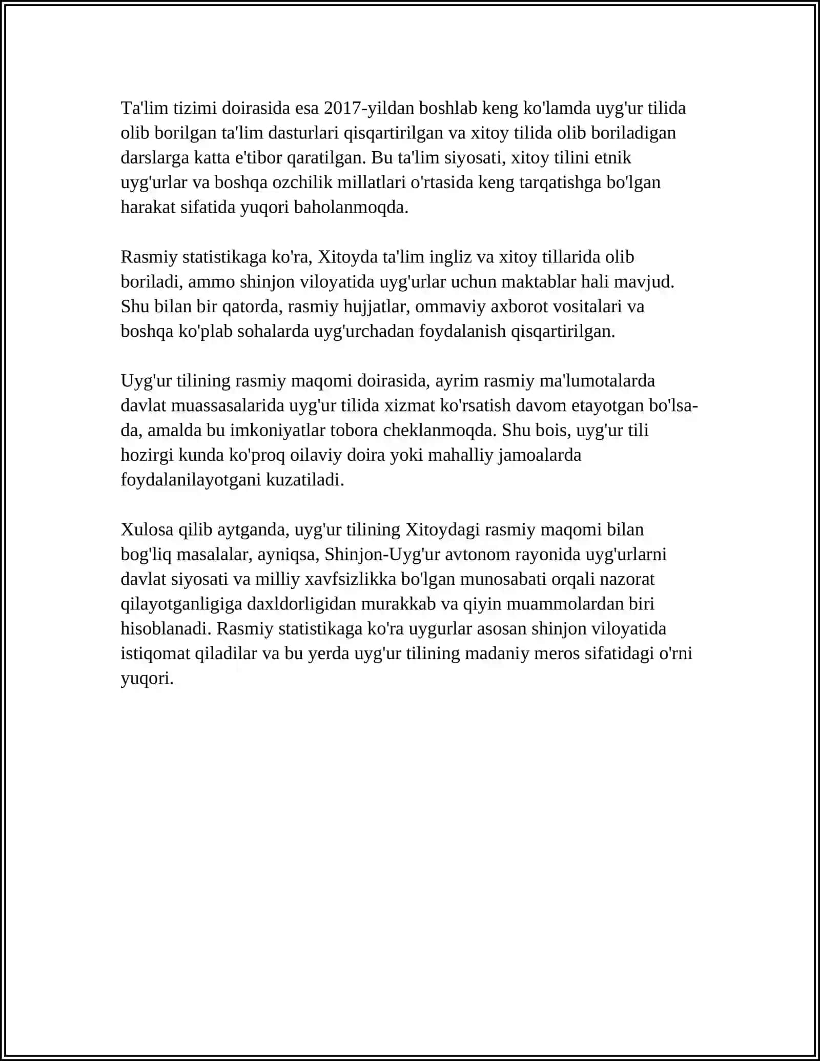 UYGʻUR TILINING XITOY VA MARKAZIY OSIYODAGI ZAMONAVIY HOLATI. MADANIY MAVZULAR 4