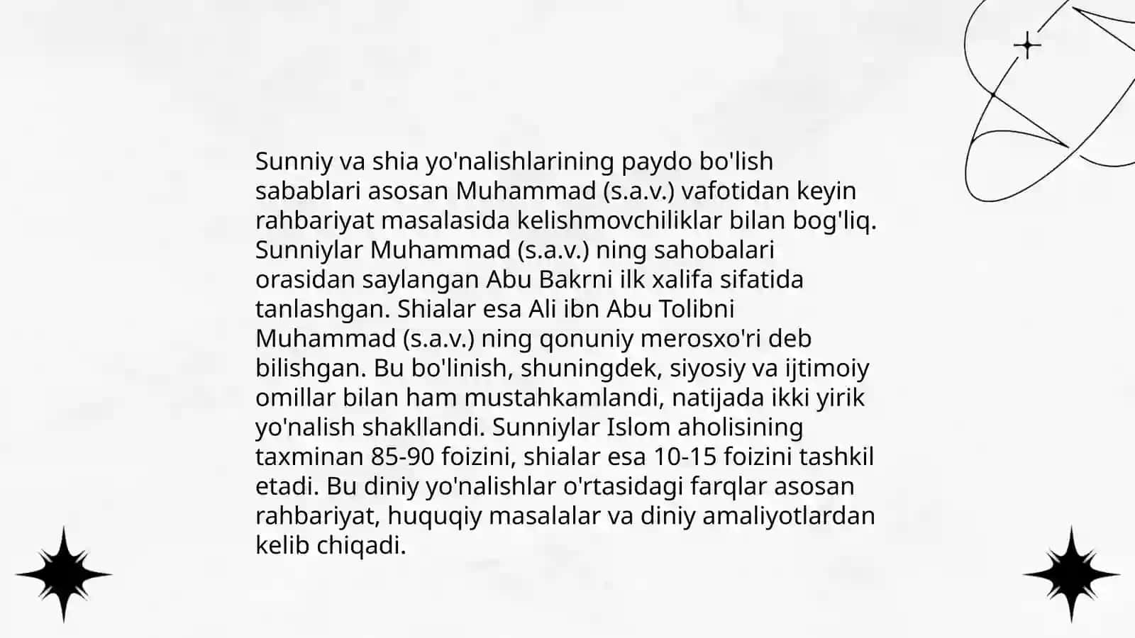 Islom oqimlari va yo'nalishlarining paydo bo'lishi sabablari, e'tiqodidagi bo'linishlarning sabablari va oqibatlari 4