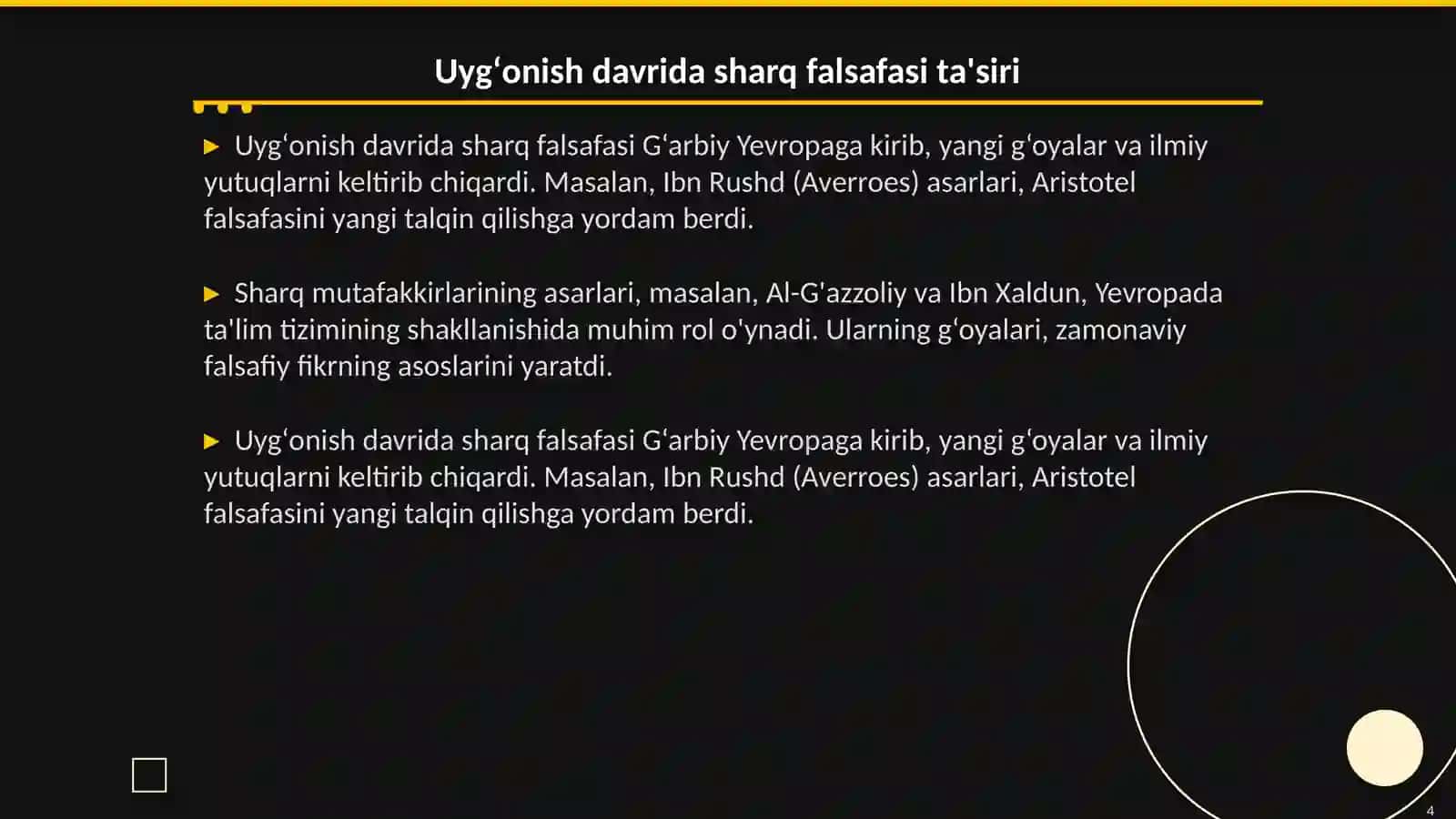 Ilk oʻrta asr sharq falsafasi va uygʻonish davri 4
