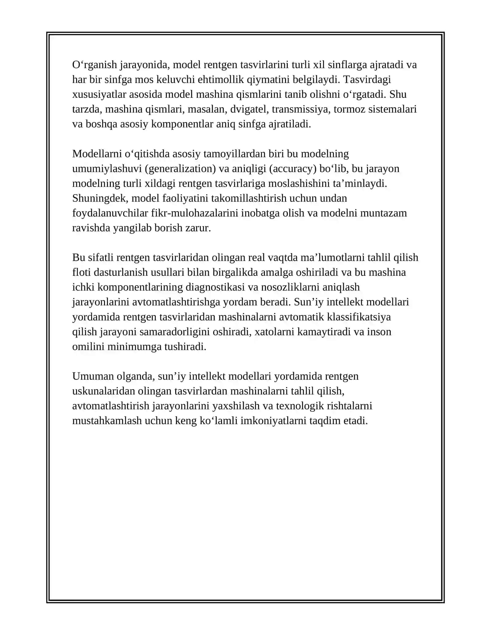 SUN’IY INTELLEKT DASTURIY VOSITALARI ASOSIDA RENTGEN USKUNALARIDAN OLINGAN TASVIRLARDAN MASHINALARNI TAHLIL QILISH 4