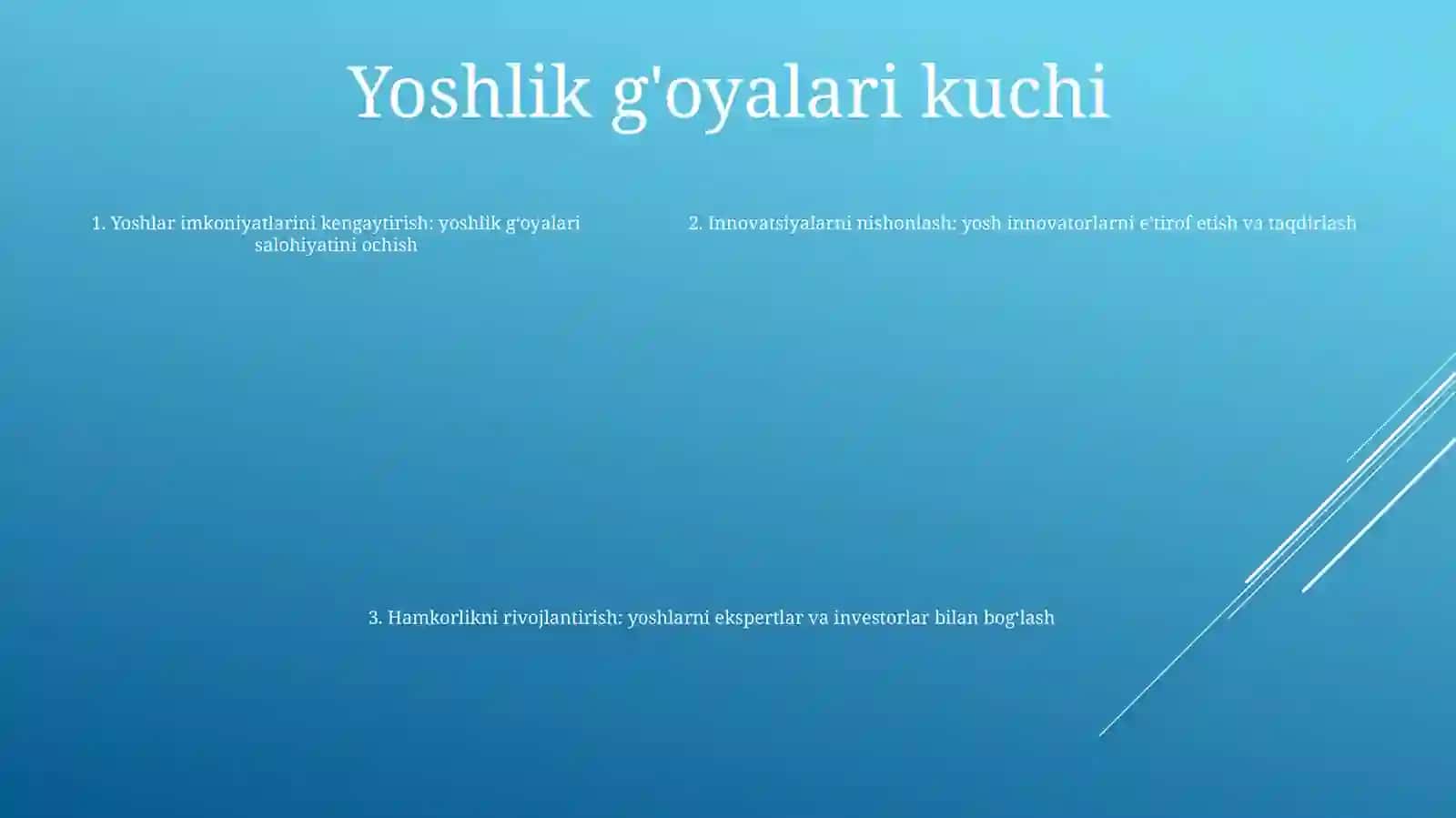"Yoshlar-Innovatsion G'Oyalar Tashabbuskori" Mavzusida Ko'Rgazmali Material (Taqdimot) Tayyorlash 4