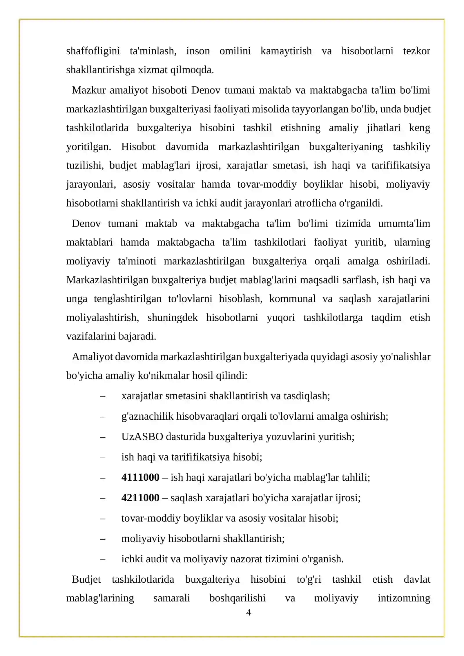 MAKTAB VA MAKTABGACHA TA'LIM DENOV TUMANI BO'LIMI MARKAZLASHTIRILGAN BUXGALTERIYASINING TASHKILIY TUZILISHI VA FAOLIYATINI TASHKIL ETISH ASOSLARI 4