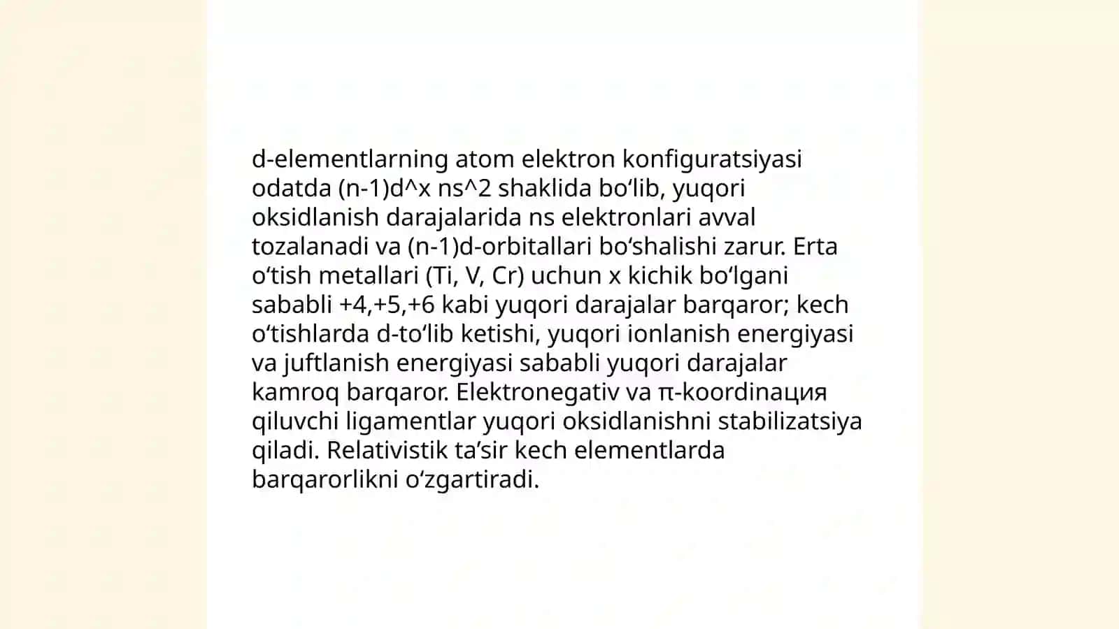 D-elementlar atomlarining yuqori oksidlanish darajasidagi birikmalar turgunligining guruhlarda o'zgarishi 4