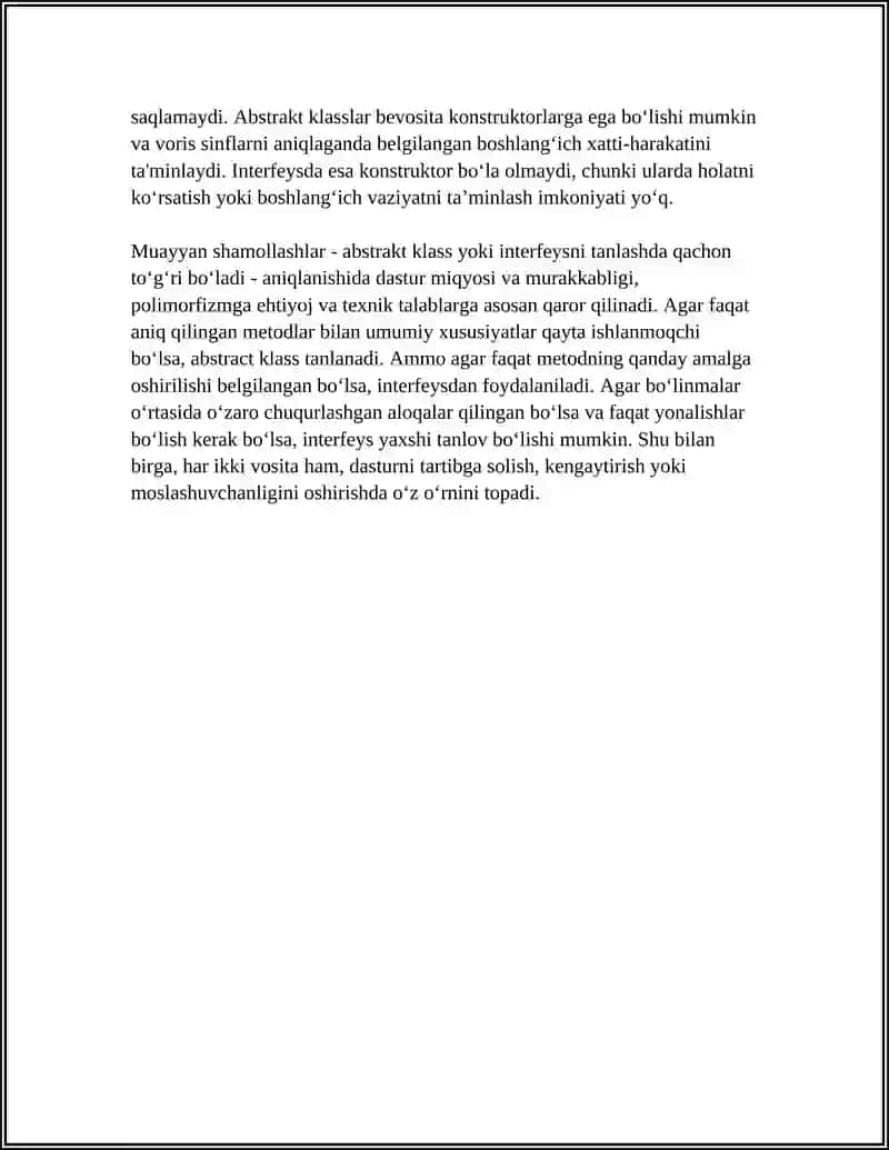 ABSTRAKT KLASS VA INTERFEYSINI QAYSI VAZIYATLARDA TANLASH TOʻGʻRI BOʻLADI 4