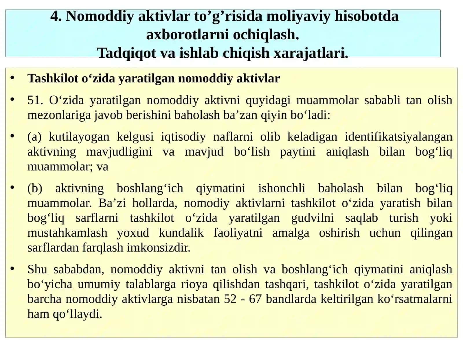 NOMODDIY AKTIVLAR, REZERVLAR, SHARTLI MAJBURIYATLAR VA AKTIVLARNI MOLIYAVIY HISOBOTDA AKS ETTIRISH QOIDALARI. (MHXS (IAS, IFRS) 37, 38) 4