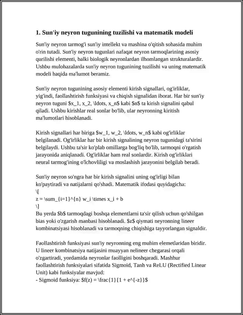 SUN'IY NEVRON TARMOQLARINING ISHLASH TAMOYILLARI 4