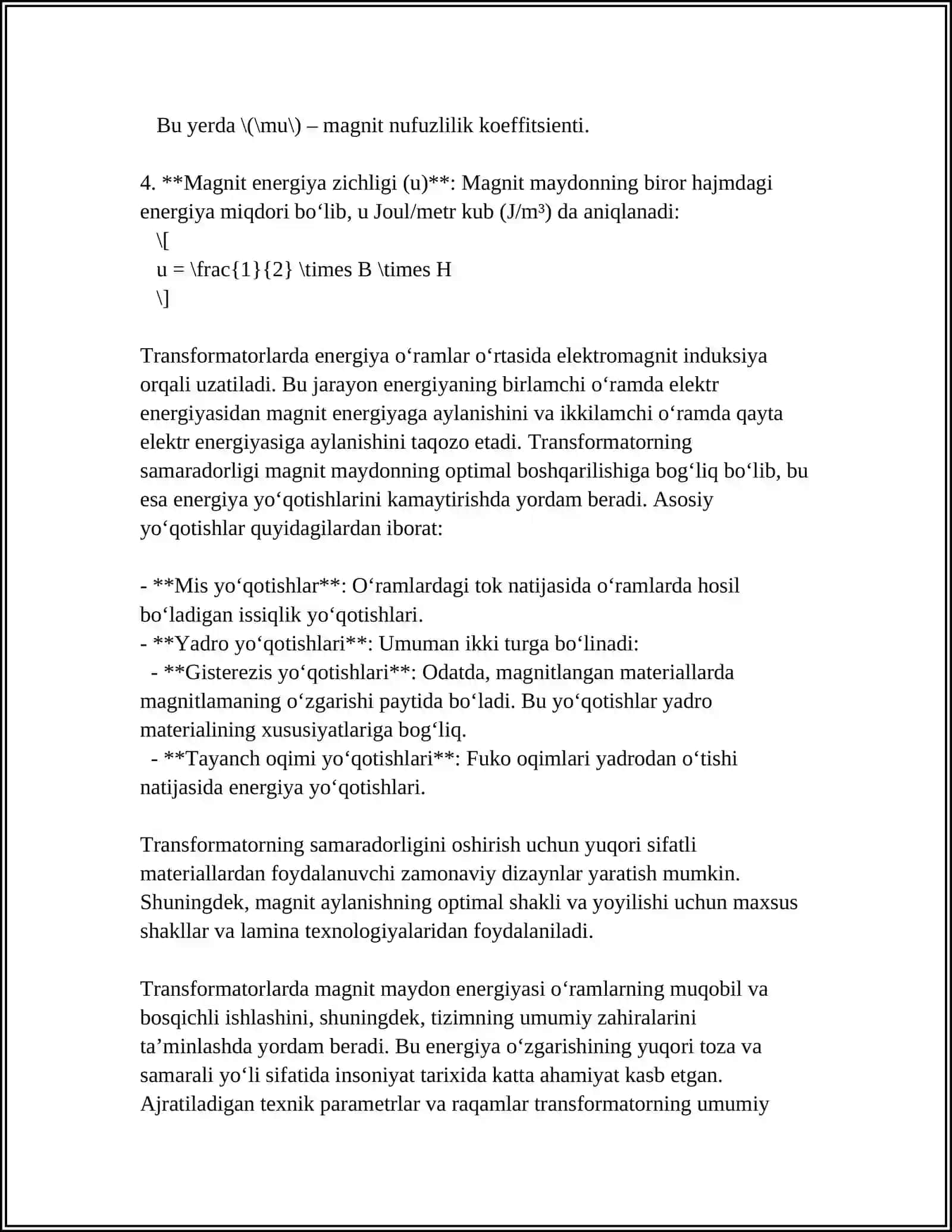 MUSTAQIL ISH Mavzu: TRANSFORMATORLA. MAGNIT MAYDON ENERGIYASI 4