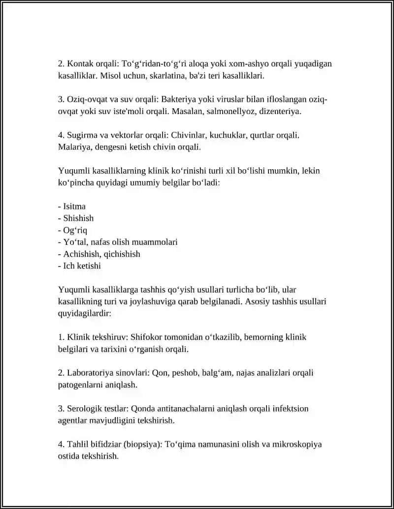 YUQUMLI KASALLIKLAR, YUQMLI KASALLIK JARAYOLARI. YUQUMLI KASALLIKLARGA TASHHIS QOYISH USULLARI 4